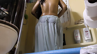 South Indian Domestic Helper Cleaning Restroom And Taking A Shower On Camera