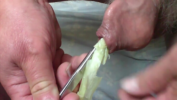 Amateur Gay'S Tooled Foreskin With Spring Onion And Scissors